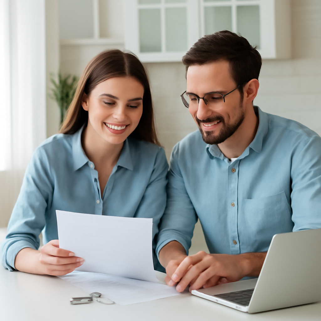 A smiling couple reviewing mortgage documents at a kitchen table with keys and a small model house nearby, representing down payment assistance in Newark DE