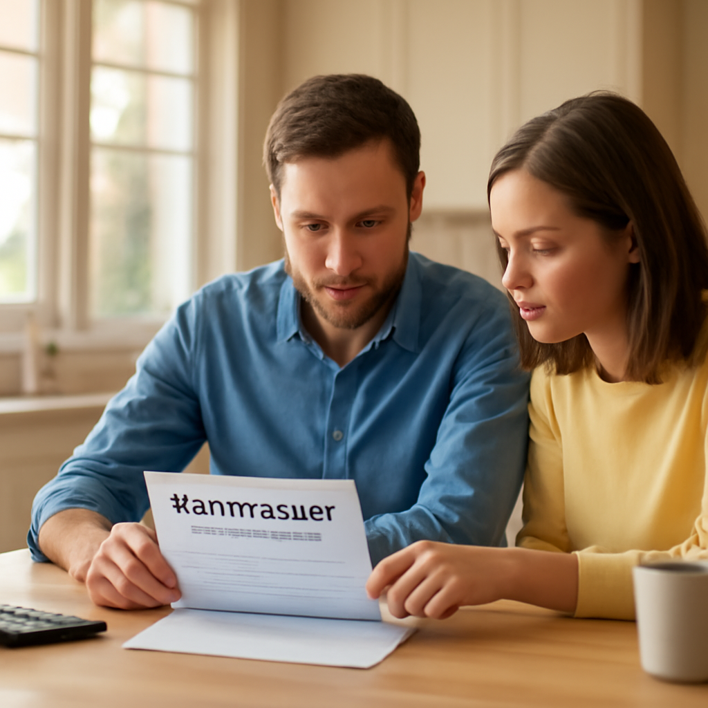 A young couple reviewing mortgage documents at a kitchen table in a bright, modern Newark Delaware home