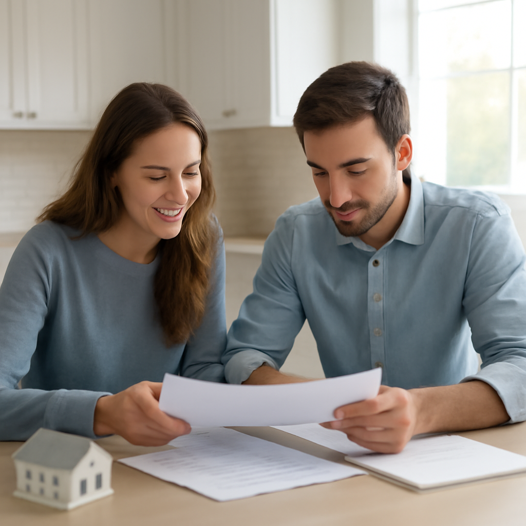 First-time homebuyers reviewing mortgage documents at a table in a bright Delaware home