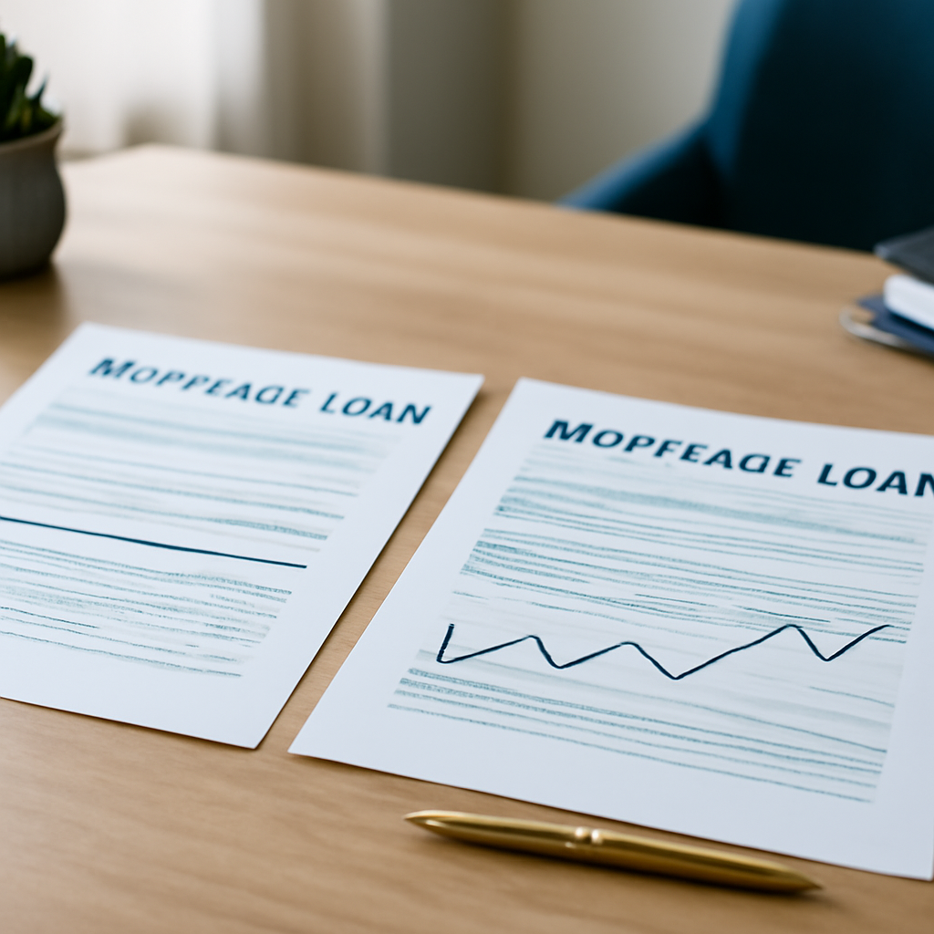 Side-by-side comparison of fixed-rate and adjustable-rate mortgage documents on a desk in a Newark Delaware home office