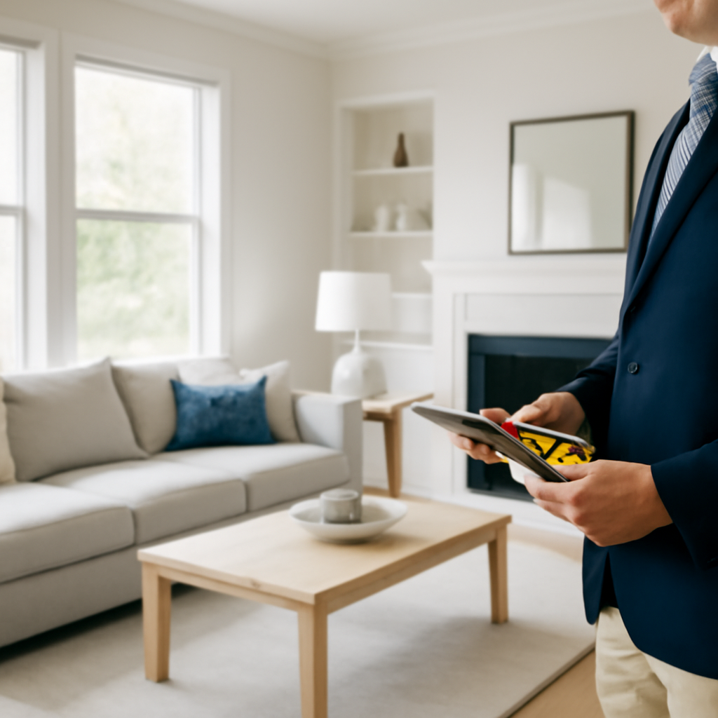 A professional appraiser measuring a home interior in Newark Delaware for a mortgage appraisal