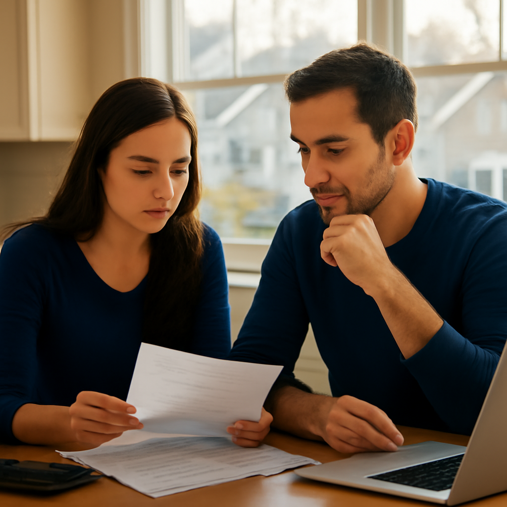 A family reviewing mortgage documents at a kitchen table with a Newark Delaware home visible through the window