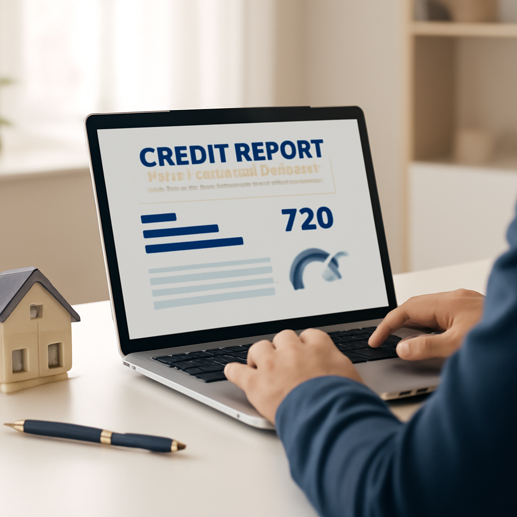 Person reviewing credit report on laptop before applying for a mortgage in Newark Delaware