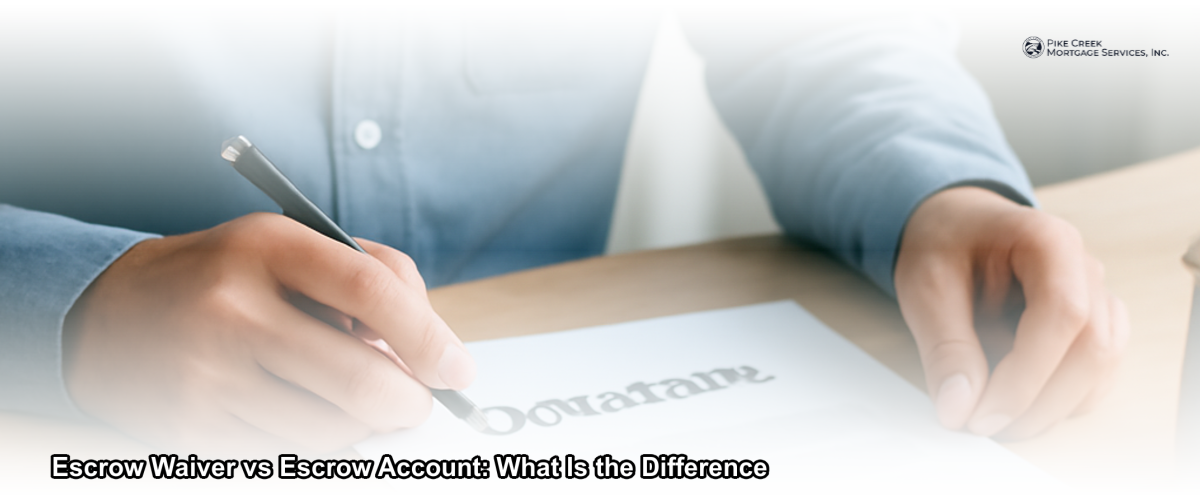 A homeowner reviewing mortgage documents at a desk with a calculator and house keys, representing the decision between an escrow waiver and an escrow account.