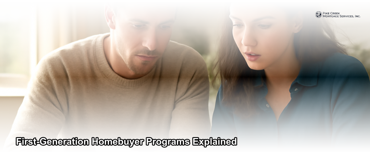 A first-generation homebuyer couple reviewing mortgage documents at a kitchen table in their new home in Newark Delaware