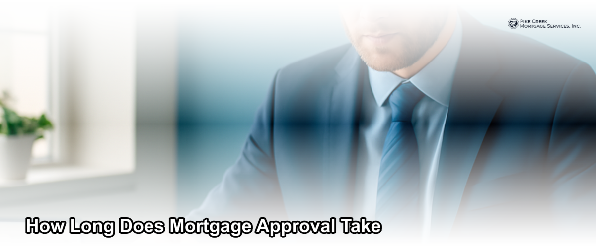 A mortgage loan officer reviewing documents at a desk with a home and calendar in the background, representing the mortgage approval timeline