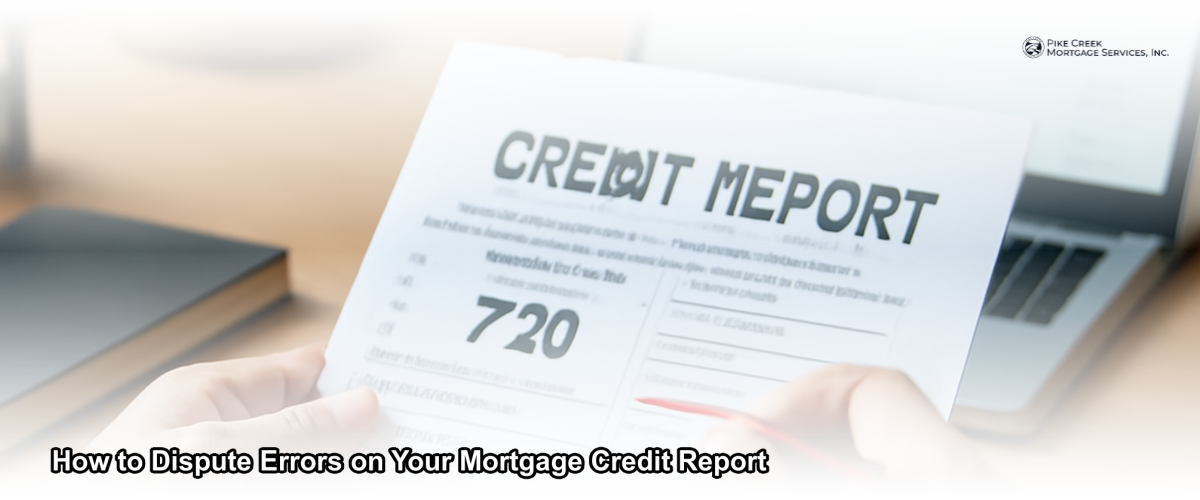 Person reviewing a printed credit report at a desk, highlighting errors with a pen, with a laptop open to a credit bureau website