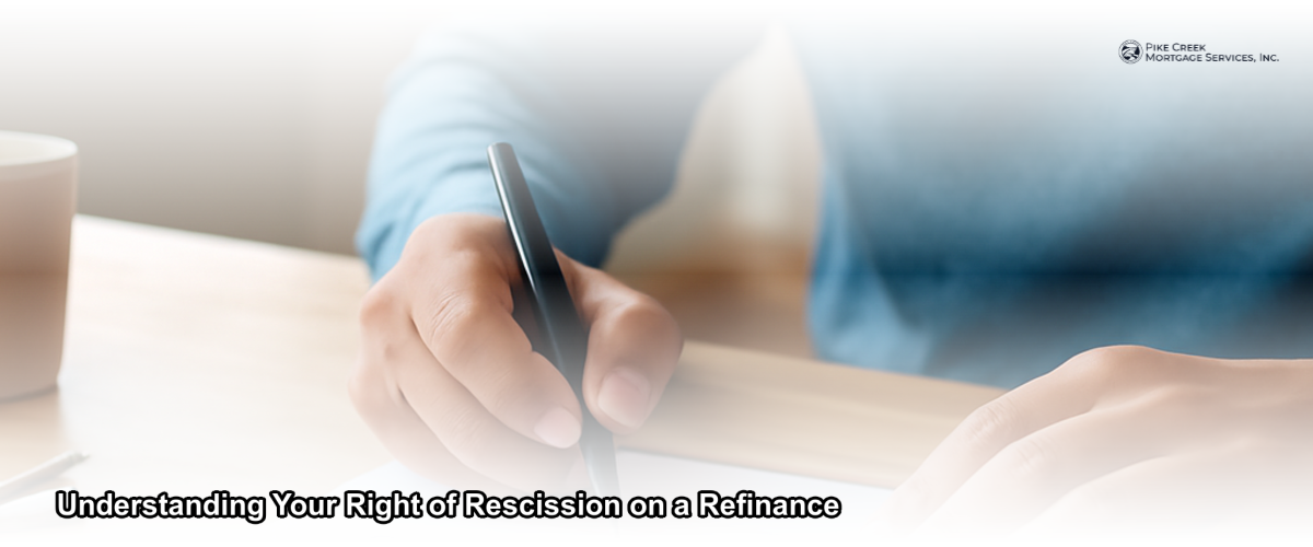 Homeowner reviewing refinance closing documents at a desk with a pen, signifying the right of rescission period