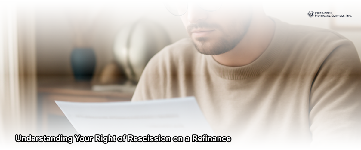 Homeowner reviewing refinance closing documents at a desk with a pen in hand, signifying the right of rescission period