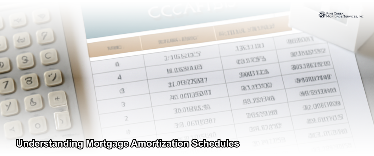 A mortgage amortization schedule document on a desk alongside a calculator and a home model, representing home loan planning in Newark Delaware
