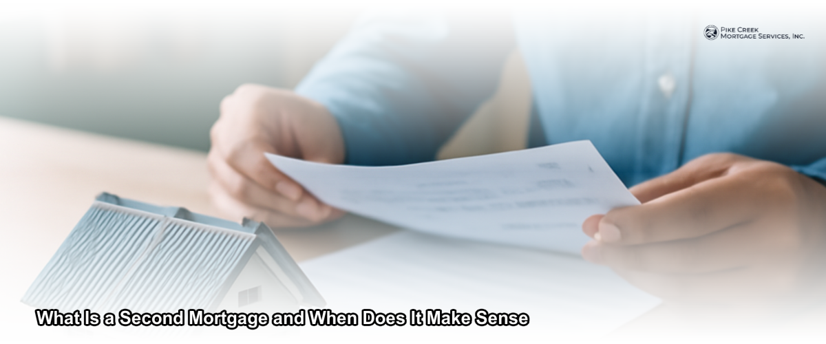 Homeowner reviewing second mortgage documents at a desk with a model house and financial paperwork