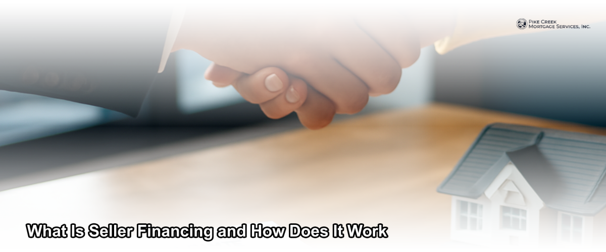 A seller and buyer shaking hands across a table with a home purchase contract and house keys in the foreground, representing a seller financing agreement
