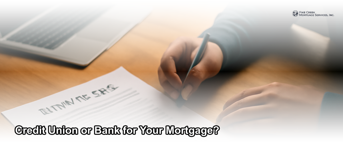 A homebuyer reviewing mortgage documents at a desk, weighing options between a credit union and a bank in Newark Delaware