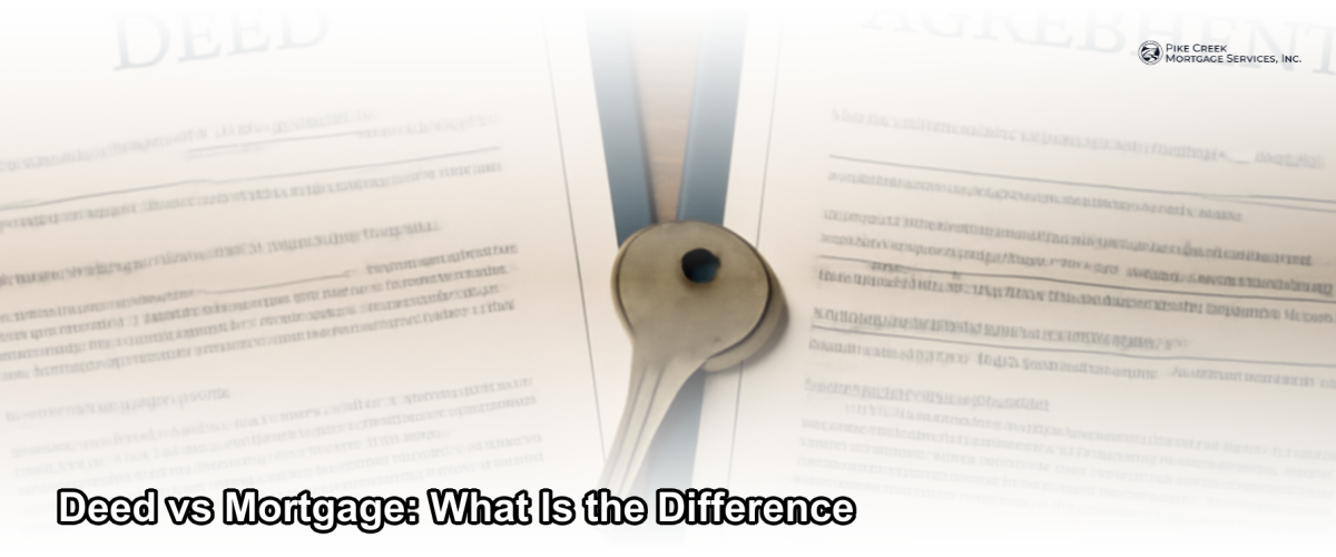 A home buyer reviewing two legal documents — a property deed and a mortgage agreement — on a desk with a house key nearby