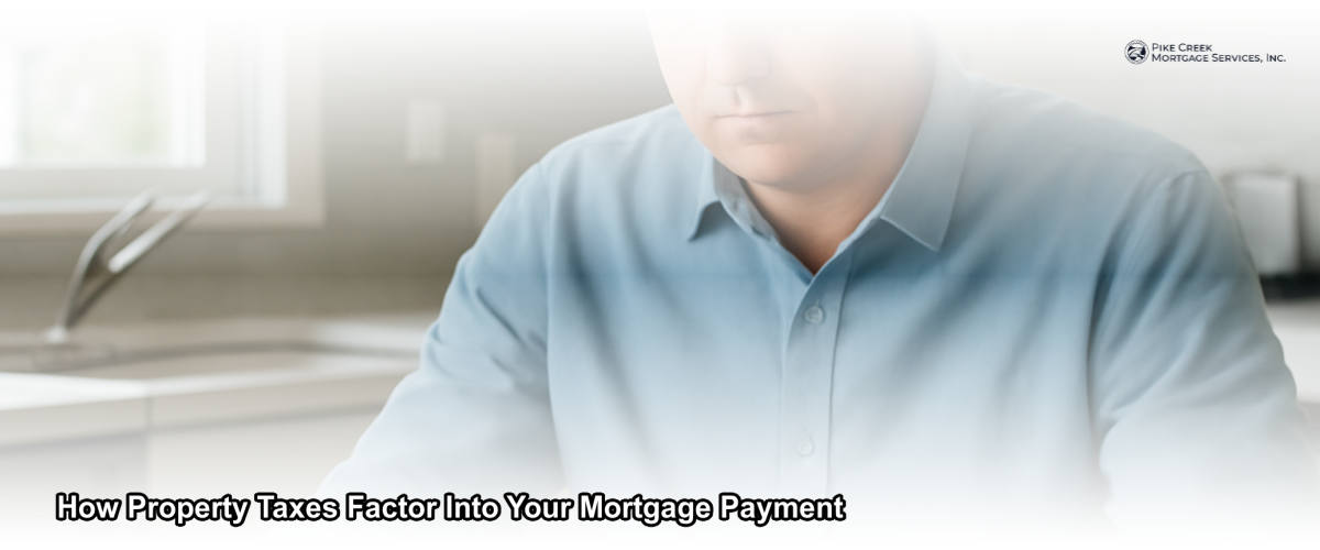 A Delaware homeowner reviewing their monthly mortgage statement at a kitchen table, with a property tax document visible alongside a laptop showing mortgage details.