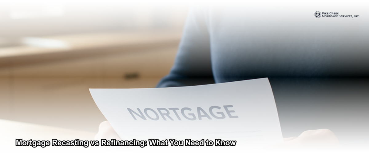A homeowner reviewing mortgage documents at a kitchen table with a calculator and pen, considering recasting versus refinancing options